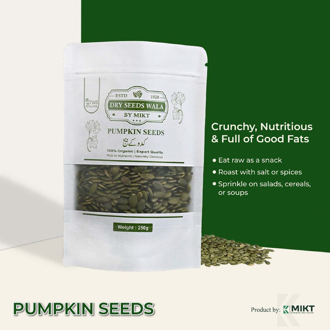Premium Raw Pumpkin Seeds 250g pack – 100% natural, high protein, magnesium, and zinc – fresh delivery across Pakistan