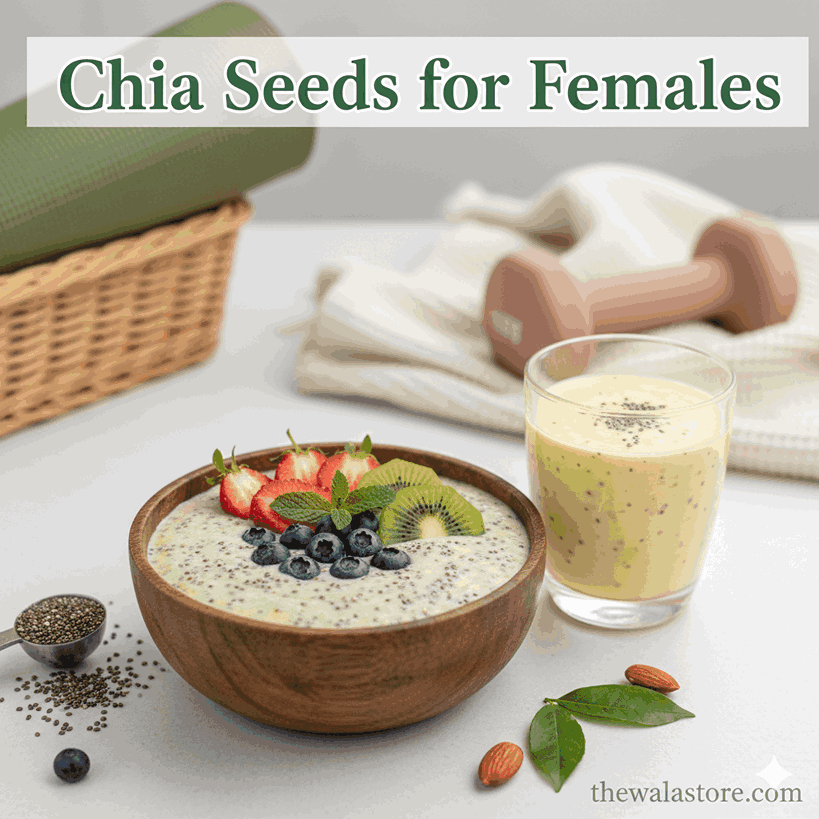 Healthy chia seeds for females in a bowl and smoothie, surrounded by fresh fruits, highlighting benefits for weight, skin, hair, and hormonal health.