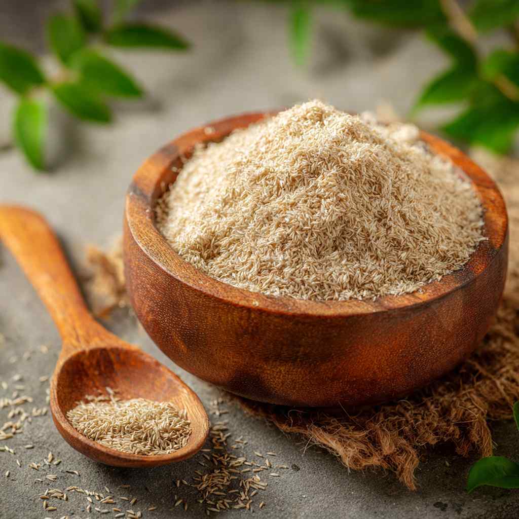 Ispaghol Husk powder in a bowl with a spoon, showing natural soluble fibre for digestion and gut health in Pakistan